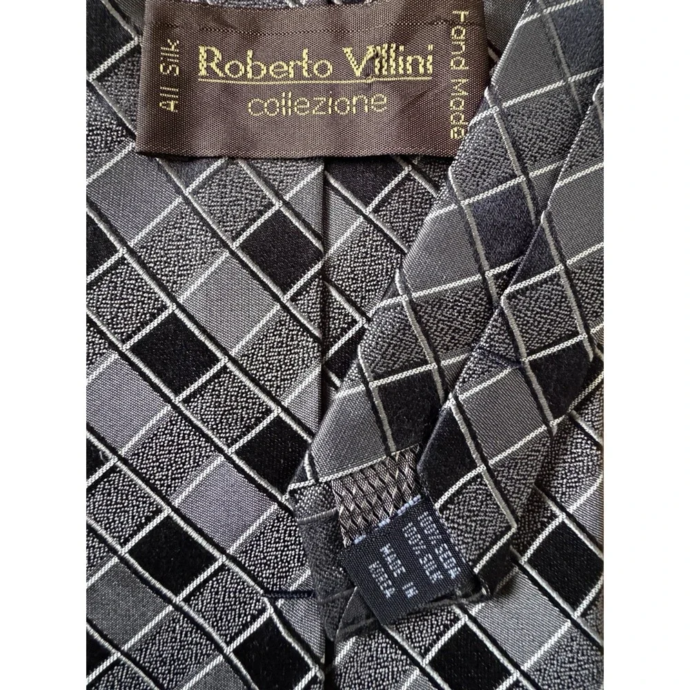Roberto Villini Collezione Neckwear Tie Black Silver Checkered 100% Silk JBHS